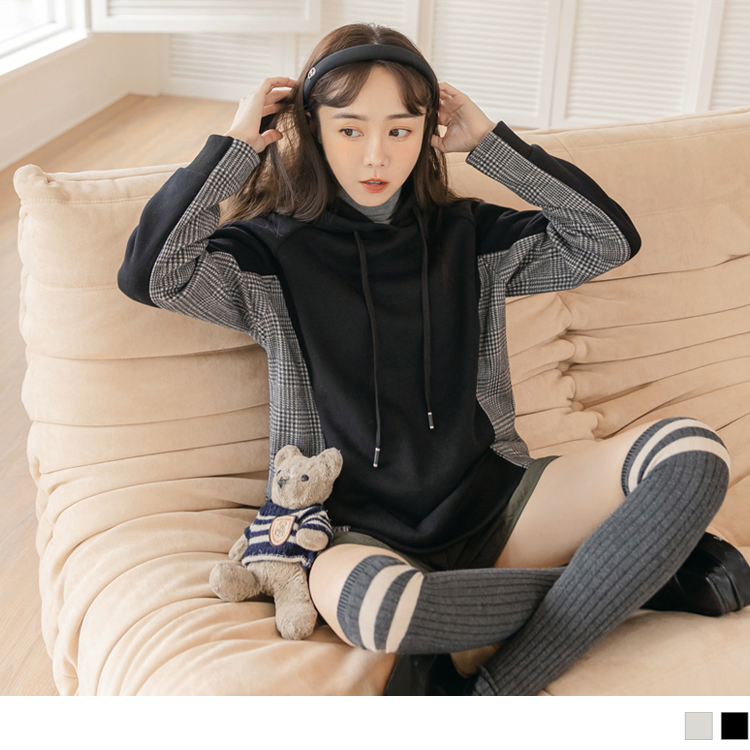 OB 玩轉百tee．格紋拼接保暖連帽大學T OBAB17763