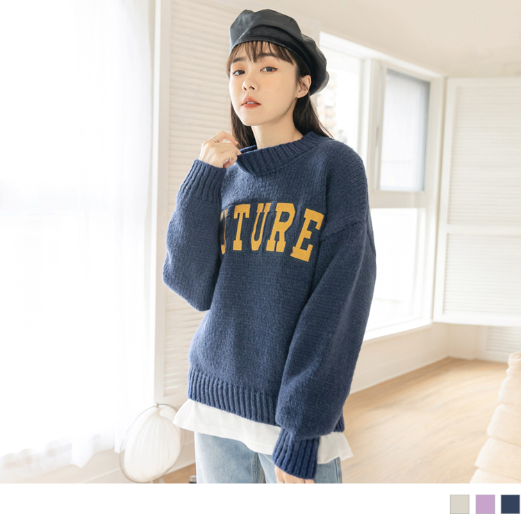 OB 細緻撞色刺繡微高領針織長袖毛衣 OBFA2578