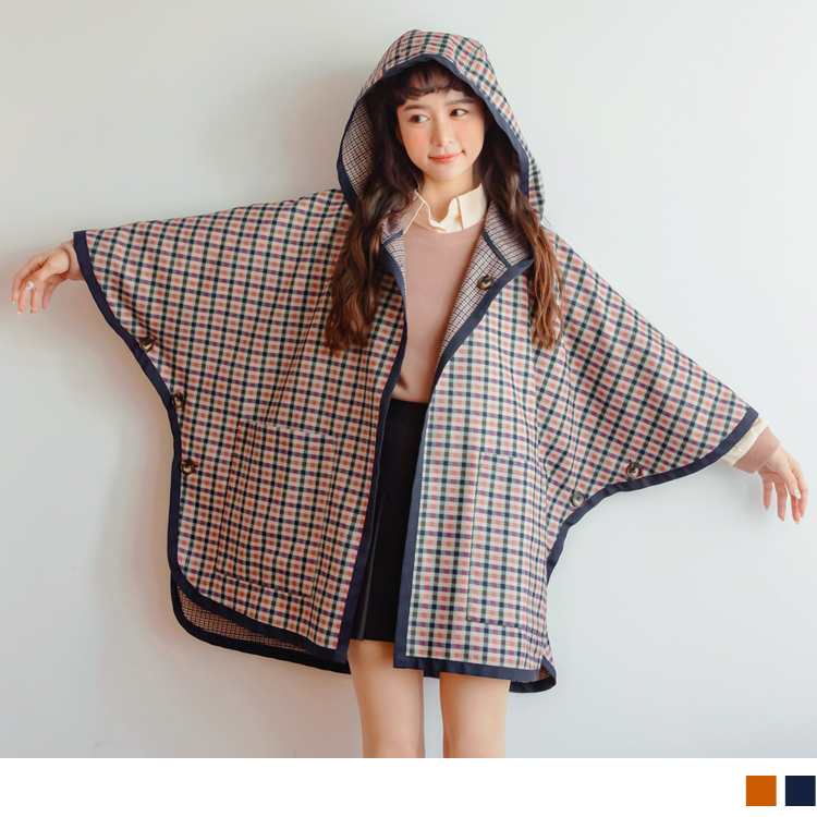 OB 2WAY格紋口袋連帽小斗篷/外套 OBEA3425