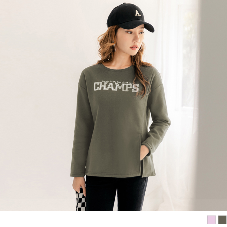 OB 玩轉百tee．字母印花內刷毛開衩大學T OBAB17819