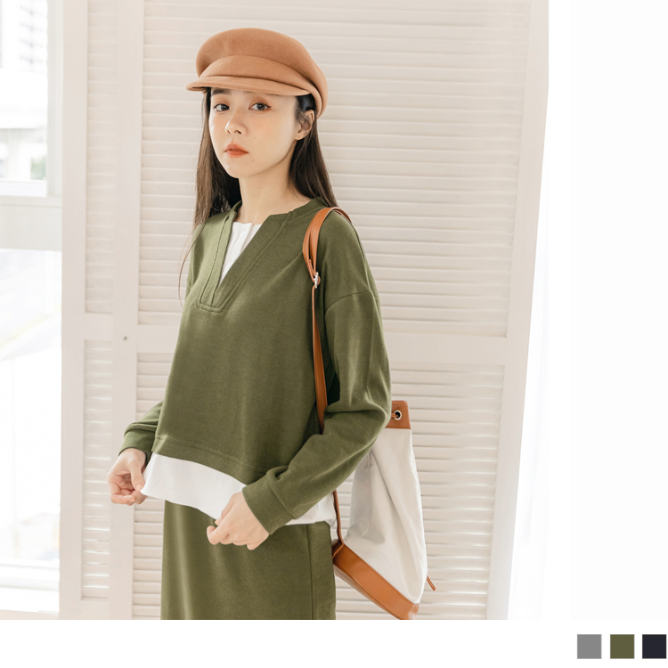 OB 玩轉百tee．V領假兩件拼接磨毛長袖上衣 OBAB17944