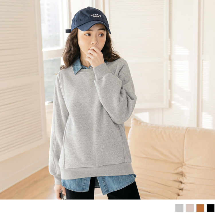OB 玩轉百tee．純色多色寬版內刷毛大學T OBAB17802