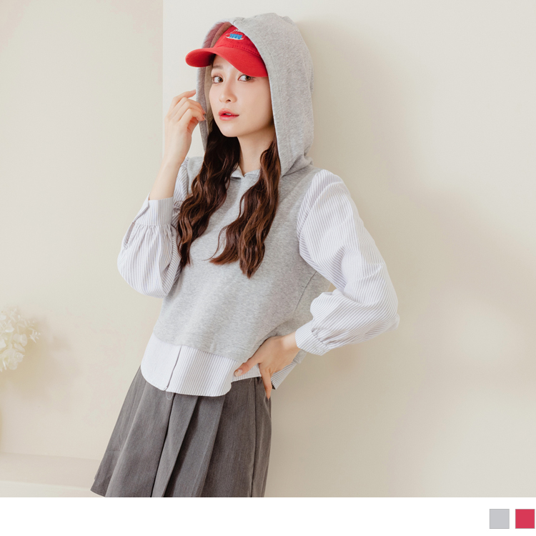 OB 玩轉百tee．假兩件拼接拋袖連帽上衣/帽T OBAB18053
