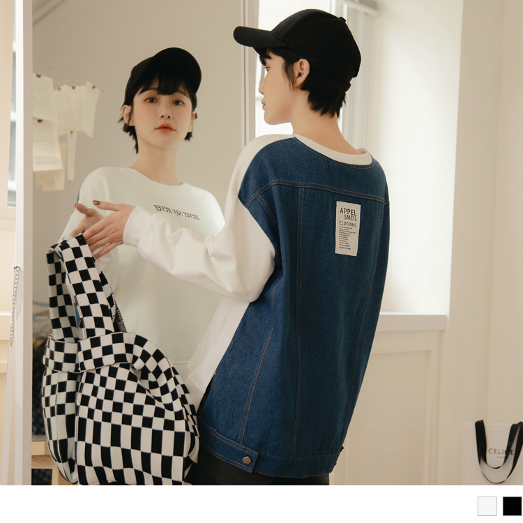 OB 玩轉百tee．高含棉寬版拼接牛仔大學T OBAB17839