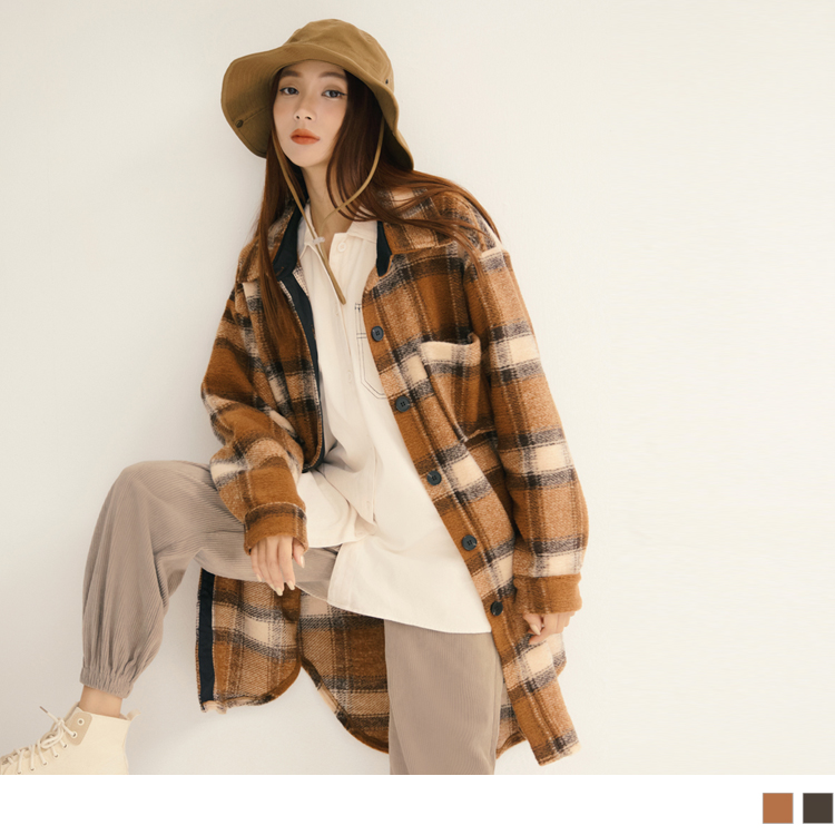 OB 保暖毛呢格紋長版襯衫外套 OBEA3443