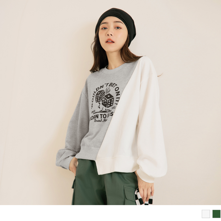 OB 玩轉百tee．寬版不對稱拼接印花大學T OBAB18129
