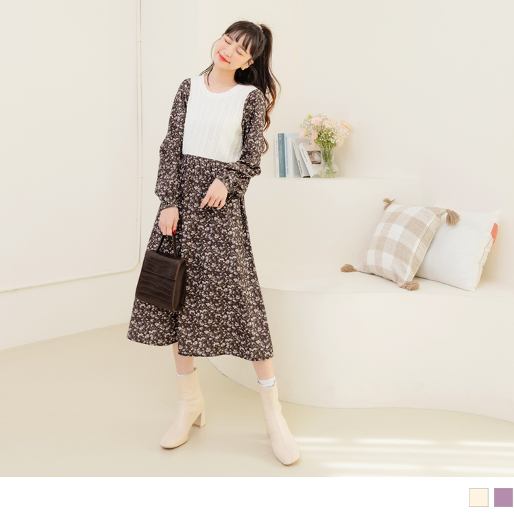 OB 假兩件碎花磨毛拼接後綁帶長連身裙 OBDA9558