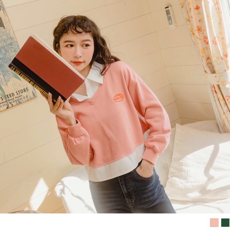 OB 玩轉百tee．假兩件襯衫領短版大學T OBAB18153