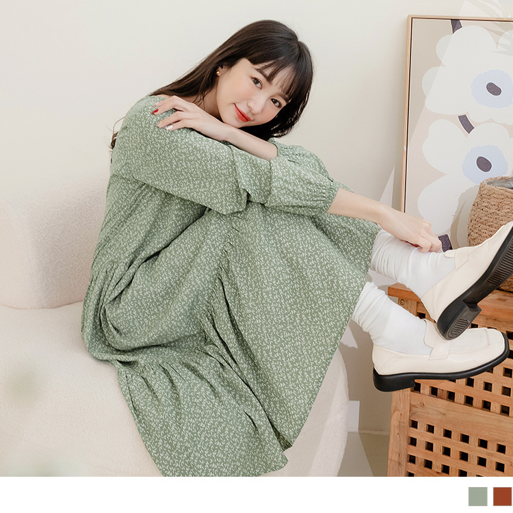 OB 小V領清新碎花拋袖蛋糕裙長連身裙 OBDA9563 SS23