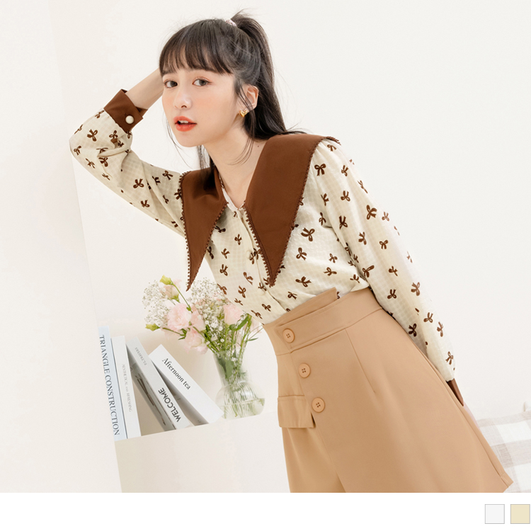 OB 花邊大領片蝴蝶結印花紋理開襟上衣 OBAB18200 SS23