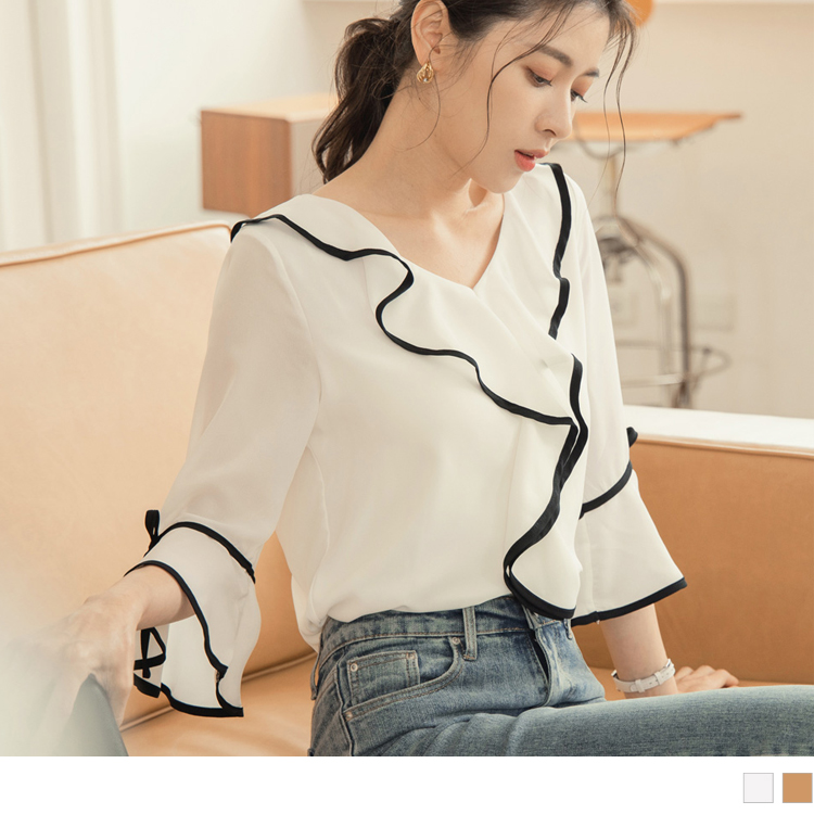 OB 小Ｖ臉．Ｖ領雪紡荷葉邊袖綁帶上衣 OBAB18115 SS23
