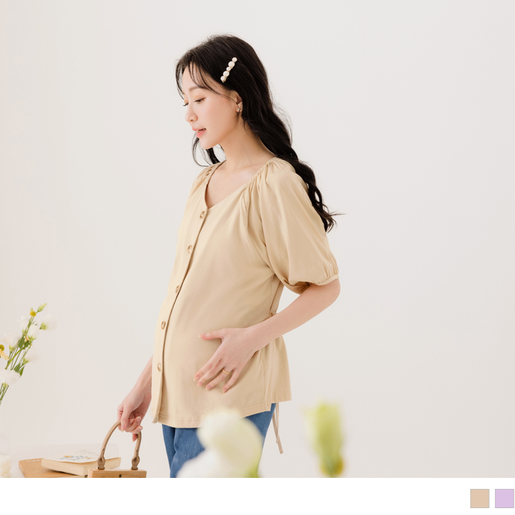 OB 純棉浪漫澎袖後綁帶鈕扣式哺乳上衣 OBMA0592 SS23