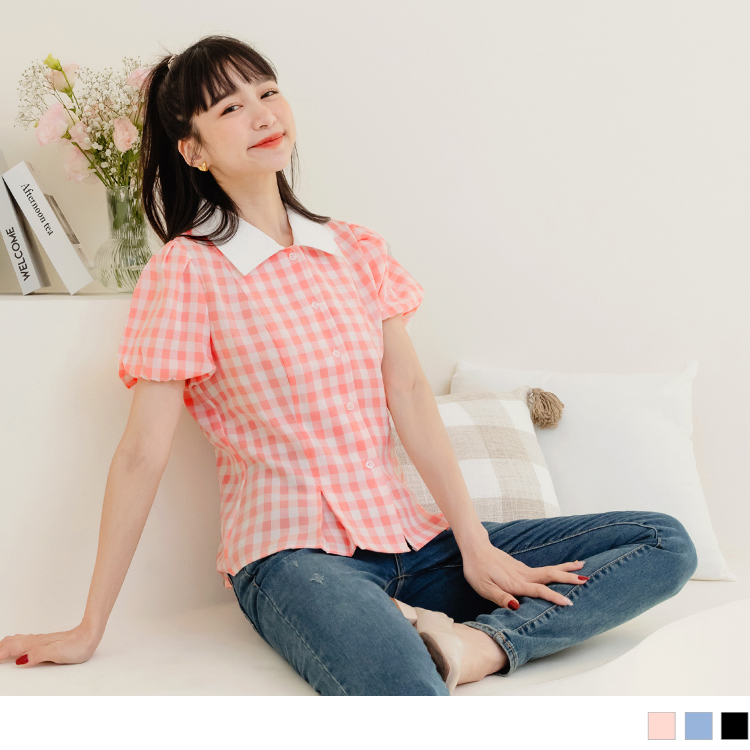 OB 翻領格紋收腰打褶不易皺拋袖上衣 OBAB18234 SS23