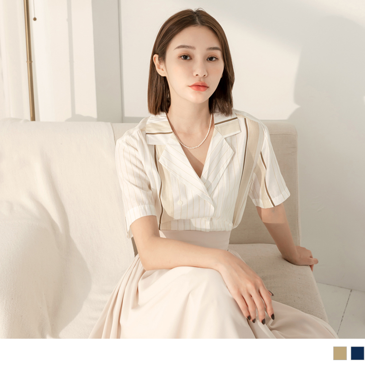 OB 配色條紋翻領開襟上衣/襯衫 OBAB18316 SS23