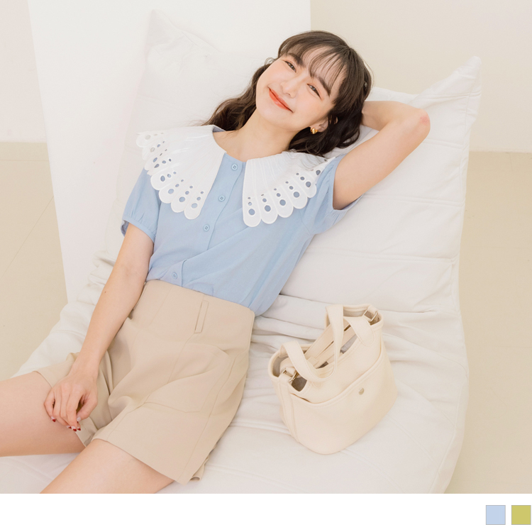 OB 純棉蕾絲繡花造型領開襟襯衫上衣 OBAB18209 SS23