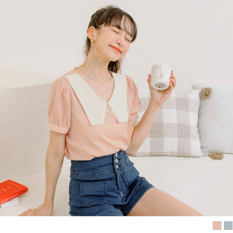 OB 雪紡V領配色造型領泡泡袖上衣 OBAB18359 SS23