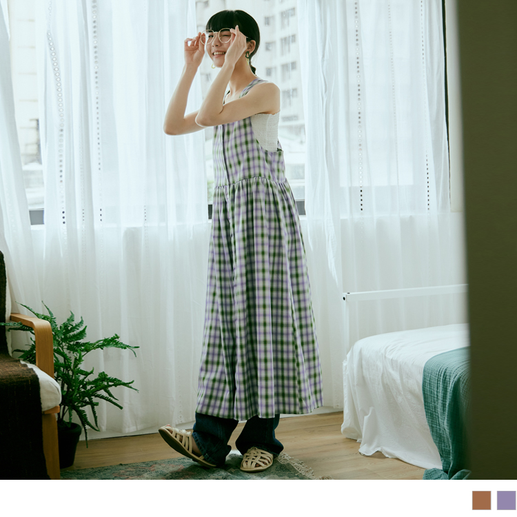 OB 格紋開襟排釦圓領背心連身裙/外套 OBKG1558 SS23