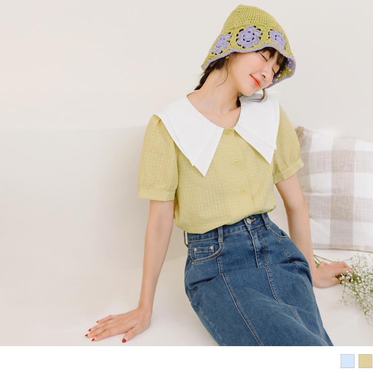 OB 層次尖領格紋不易皺開襟拋袖上衣 OBAB18323 SS23