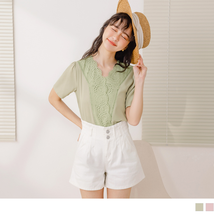 OB 涼感．小V臉舒涼雪紡蕾絲上衣 OBAB18382 SS23