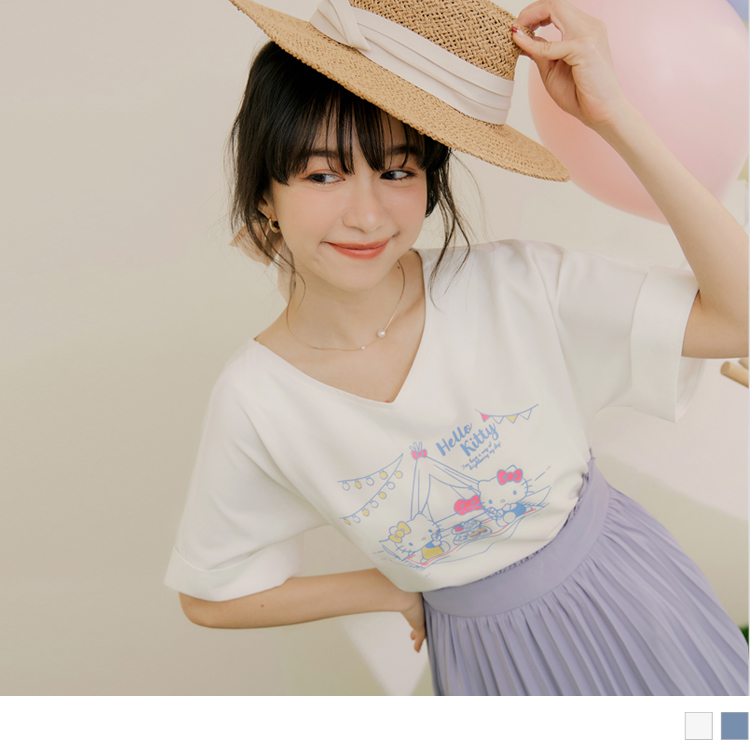 OB KITTY 野餐系列．全彩印花V領反摺袖上衣(代購) OBKB1458 SS23