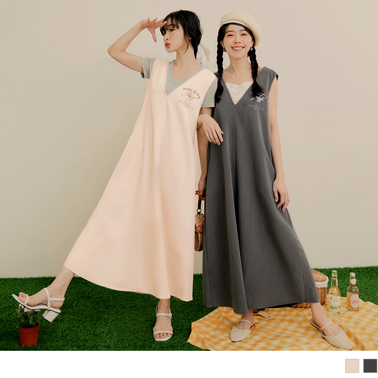 OB KITTY 野餐系列．V領後綁帶寬版長連身裙(代購) OBKB1459 SS23