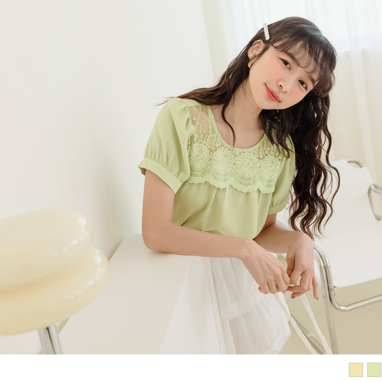 OB 涼感．舒涼雪紡蕾絲拼接拋袖上衣 OBAB18308 SS23