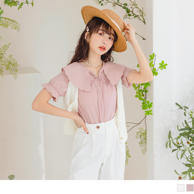 OB 含棉雲朵造型領片綁帶拋袖上衣 OBAB18389 SS23