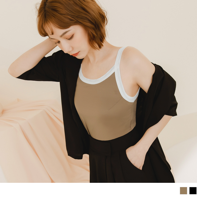 OB 涼感．冰咖啡紗無袖削肩短版背心 OBAB18042 SS23