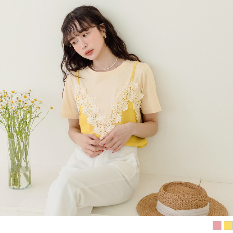 OB 涼感．舒涼雪紡假兩件蕾絲上衣 OBAB18363 SS23