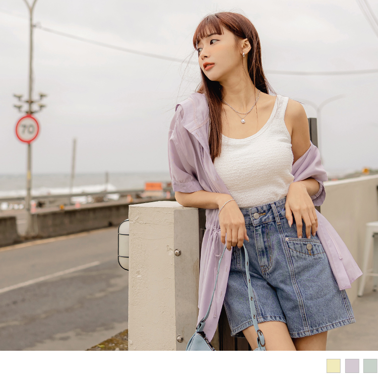 OB 素色開襟腰抽繩連帽短袖上衣/外套 OBEA3491 SS23