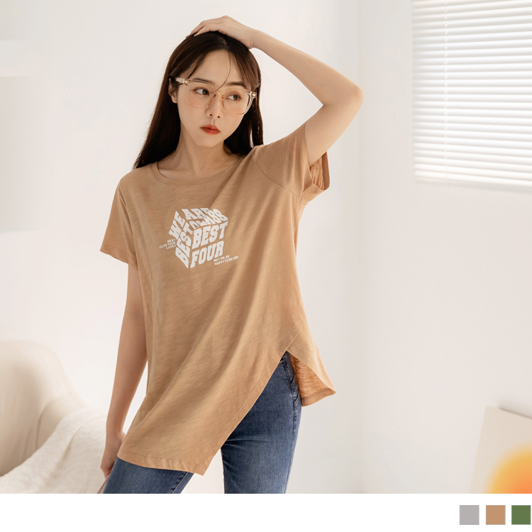 OB 竹節棉印花不規則下襬短袖上衣 OBAB18453 SS23