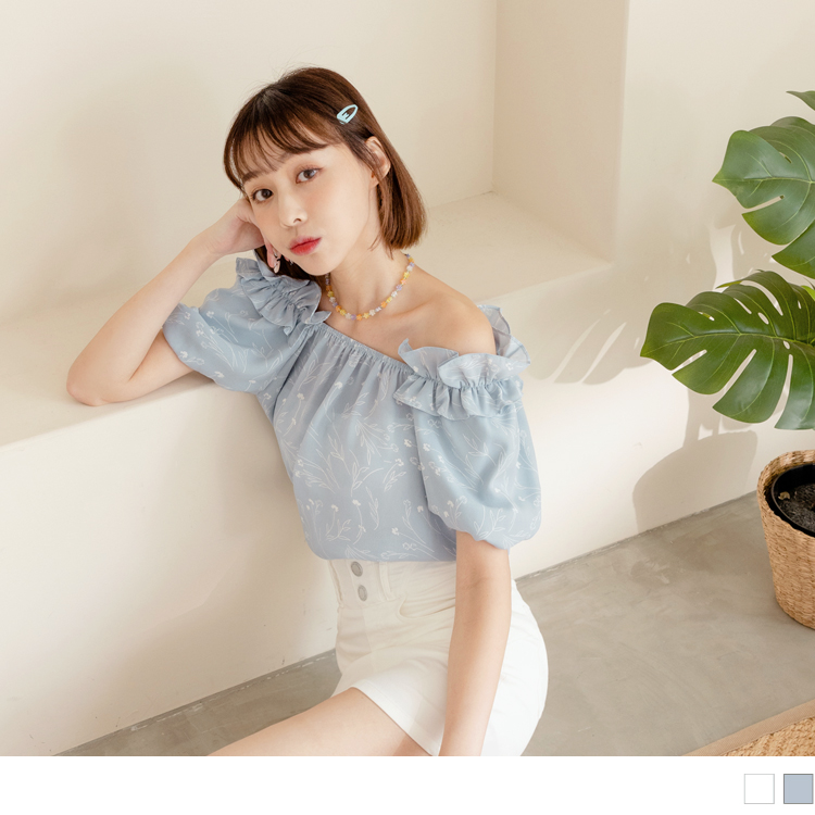 OB 兩穿領雪紡印花荷葉拋袖上衣 OBAB18434 SS23