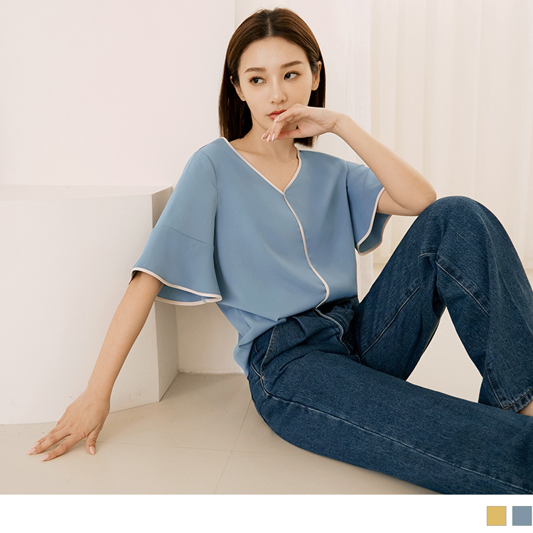 OB 涼感．舒涼雪紡V領不易皺荷葉袖上衣 OBAB18404 SS23