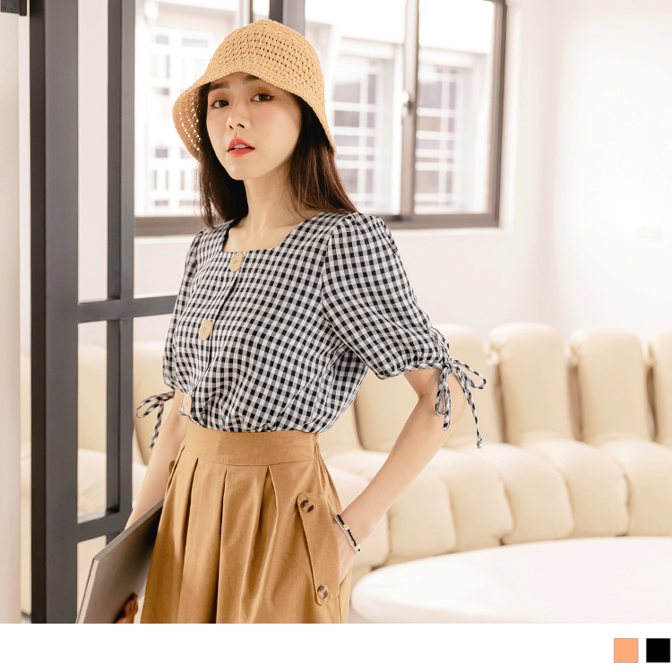 OB 質感格紋方領假排釦綁帶拋袖上衣 OBAB18386 SS23