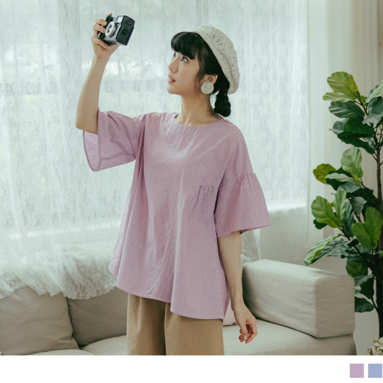 OB 純棉條紋荷葉袖圓領寬鬆上衣 OBAB18489 SS23