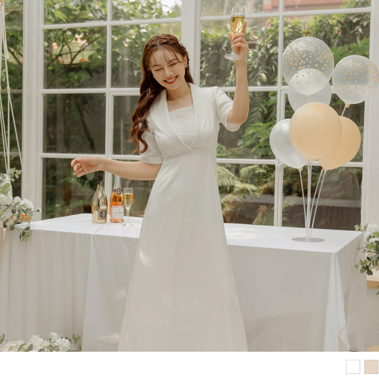 OB 韓系西裝領蕾絲拼接五分袖連身裙輕婚紗 OBDA9741 SS23