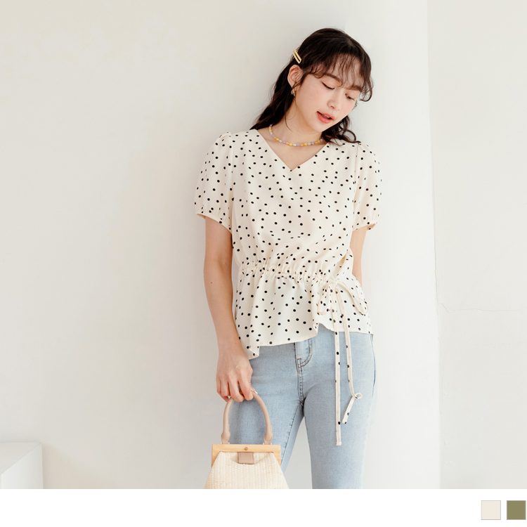 OB 小V臉．V領波點收腰綁帶上衣 OBAB18509 SS23