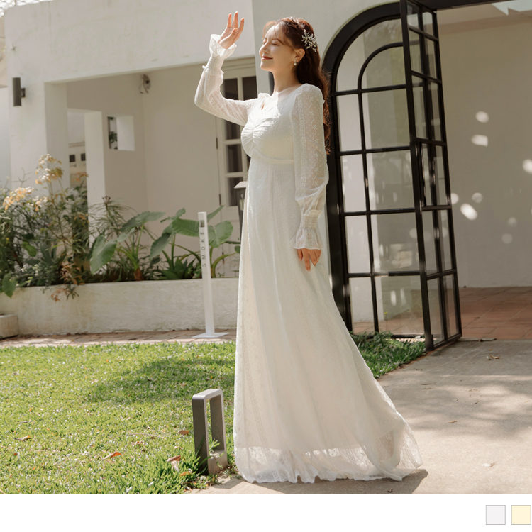 OB 鑽石領抽皺透膚蕾絲長袖輕婚紗 OBDA9736 SS23