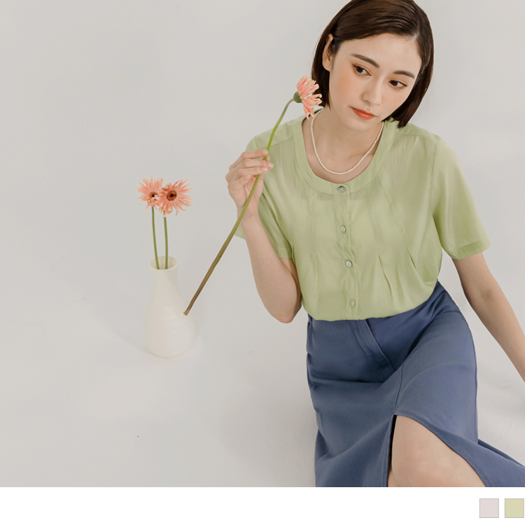 OB 圓領抓褶短袖開襟純色上衣 OBAB18181 SS23