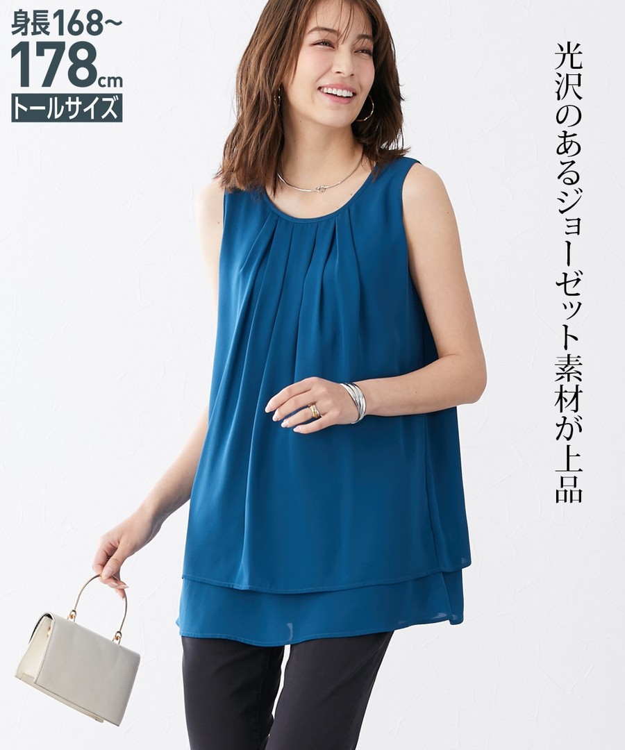 nissen [高挑尺寸]喬琪紗無袖打褶上衣 (日本女裝大尺碼) NSCSQ0223B0015 SS23