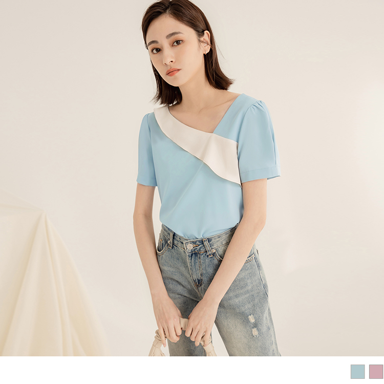 OB 撞色荷葉領短袖上衣 OBAB18455 SS23