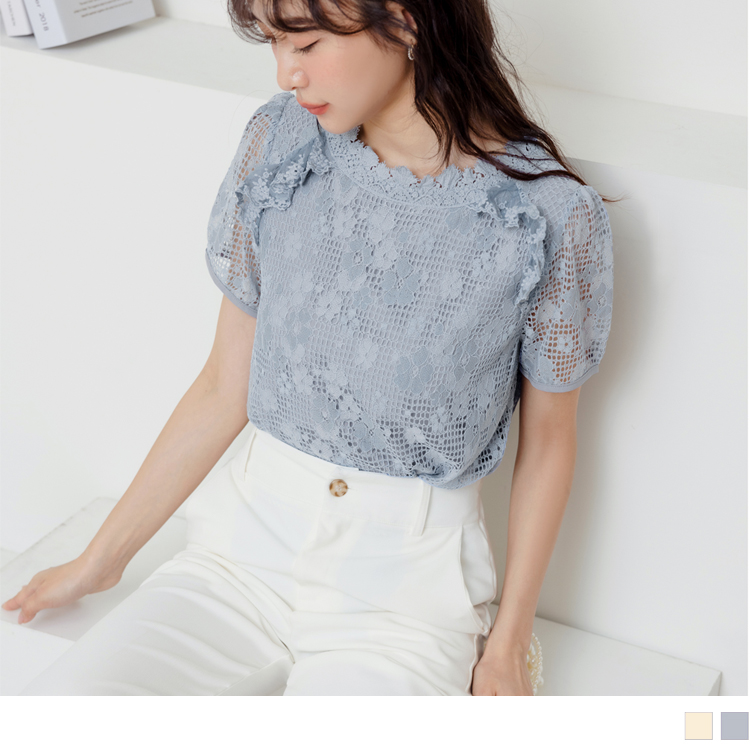 OB 微透肌荷葉領蕾絲雕花上衣 OBAB18597 SS23