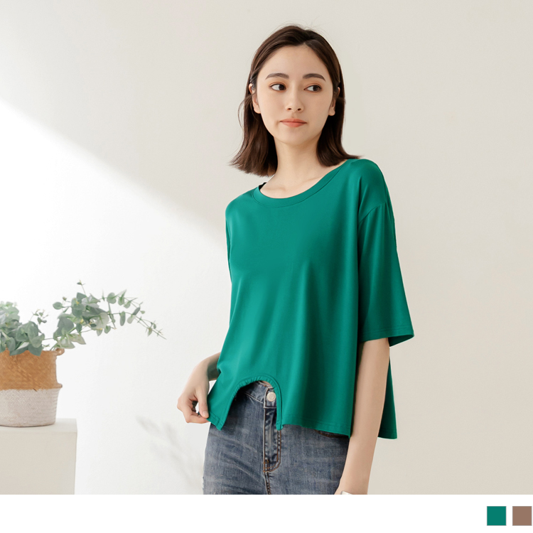 OB 涼感．莫代爾下襬開釦短袖上衣 OBAB18536 SS23