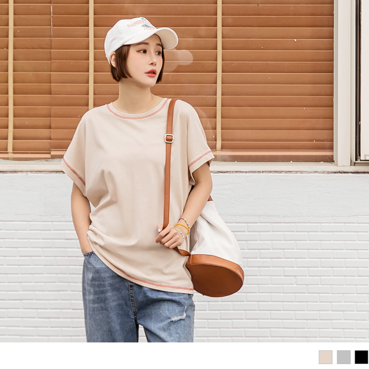 OB 純棉圓領跳色盤線短袖寬版上衣 OBAB18583 SS23
