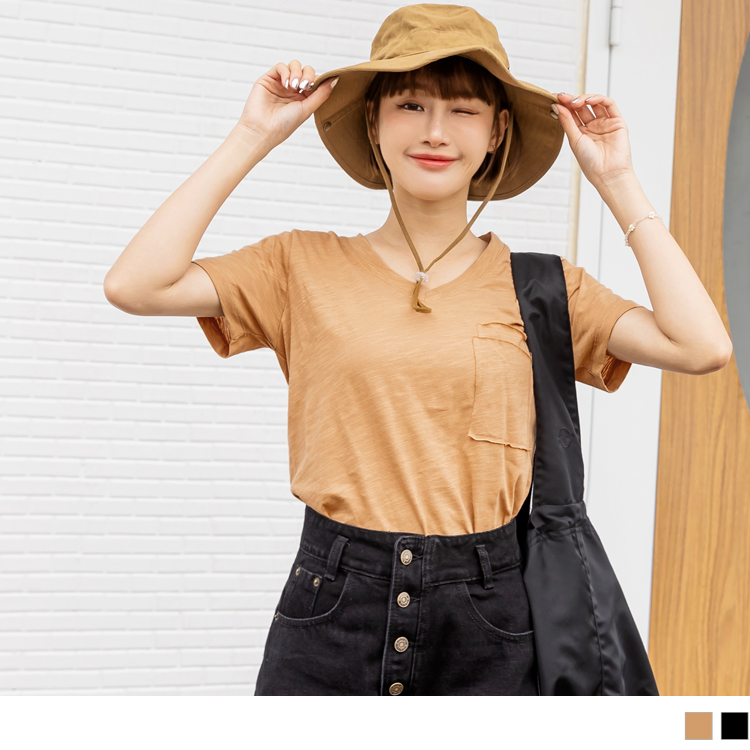 OB 純棉V領雙層口袋後背印花短袖上衣 OBAB18567 SS23