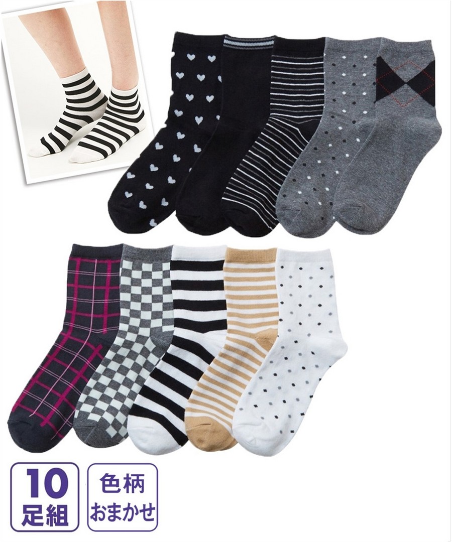 nissen 花色隨機搭配黑白圖案水手襪10雙組 (日本女裝) NSCCR0123B0016 SS23