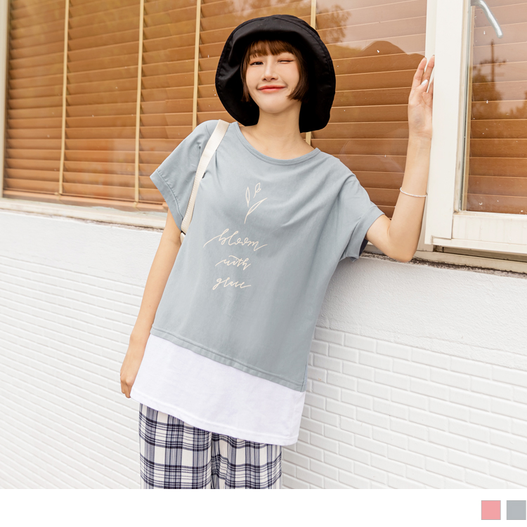 OB 純棉撞色假兩件印花短袖長版上衣 OBAB18564 SS23