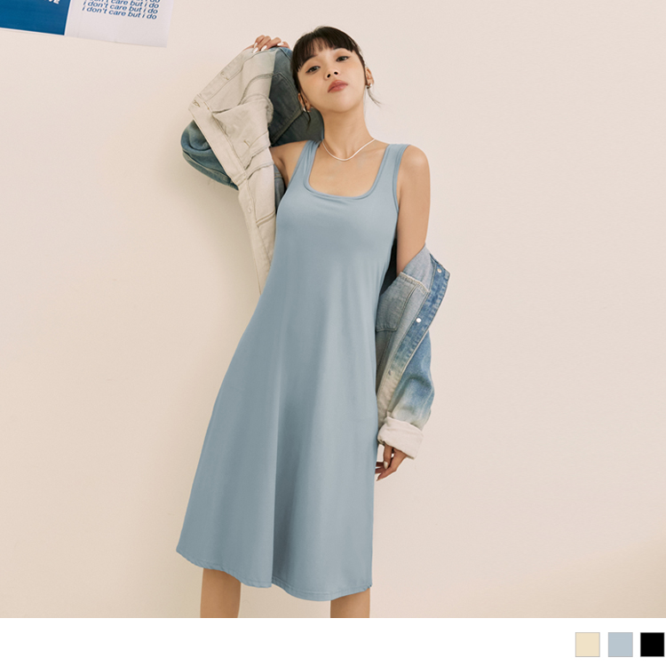 OB 涼感．冰牛奶絲大U領BRA無袖長連身裙 OBDA9713 SS23