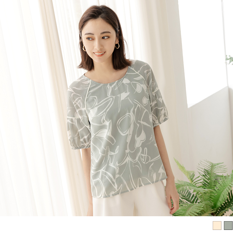 OB 質感印花圓領拋袖上衣 OBAB18665 SS23
