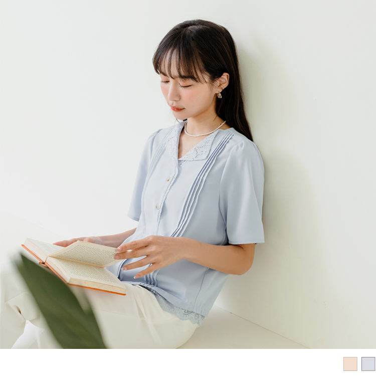 OB 小V臉．蕾絲V領雪紡襯衫上衣 OBAB18527 SS23